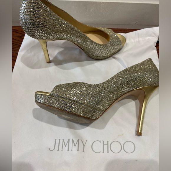 Jimmy Choo gold peep toe platform heels. - Picture 3 of 4